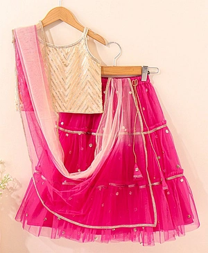 Babyhug Singlet Sleeves Woven Sequinned Lehenga & Choli Set With Dupatta - Fuchsia Pink