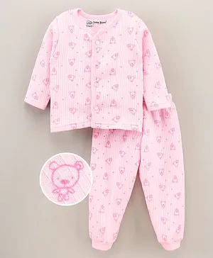 Little Darlings Full Sleeves Night Suit Animal Print- Pink