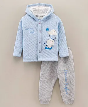 Little Darlings Full Sleeves Winter Hooded Night Suit Cloud & Star Embroidery- Blue