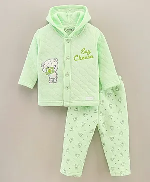 Little Darlings Full Sleeves Winter Hooded Night Suit Teddy Print & Embroidery- Green