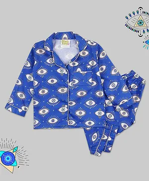 Pyjama Party Full Sleeves Evil Eye All Over Print Night Suit - Blue