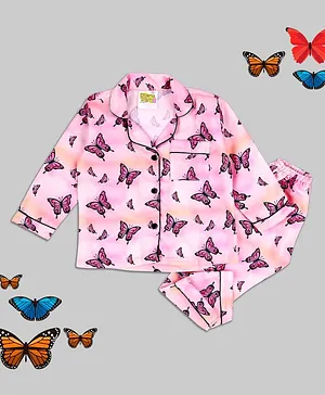 Pyjama Party Full Sleeves Butterfly All Over Print Night Suit - Baby Pink