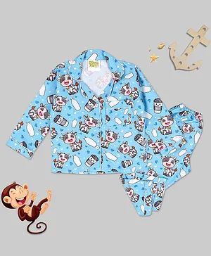 Pyjama Party Full Sleeves Moo Moo Cow & Milk All Over Print Night Suit - Blue