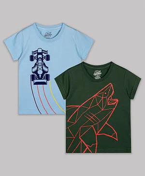 The Sandbox Clothing Co Pack Of 2 Racing Car And Shark Printed T Shirts  - Blue Olive Green