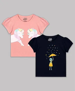 The Sandbox Clothing Co Pack Of 2 Puffed Sleeves Unicorn And Girl Print T Shirts - Navy Blue Pink
