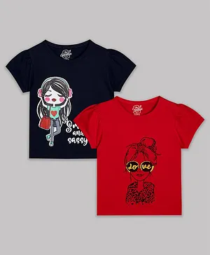 The Sandbox Clothing Co Pack Of 2 Puffed Sleeves Smart And Sassy Girl And Sunglasses On Girl Print T Shirts- Navy Blue Red