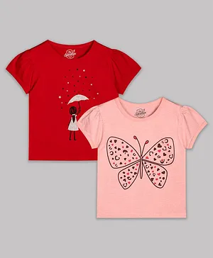 The Sandbox Clothing Co Pack Of 2 Puffed Sleeves Girl And Butterfly Print T Shirts - Red Pink