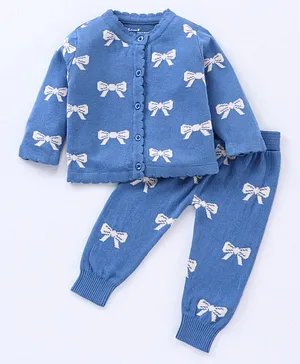 Toffyhouse Full Sleeves Top & Pants Set Bow Print - Navy