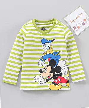 Babyhug Full Sleeves Striped T-Shirt Mickey Mouse & Donald Duck Print - Green