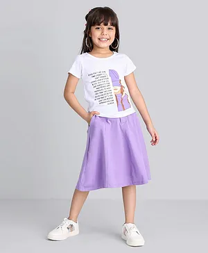 Ollington St. Half Sleeves Girl Print Top With Front Open A-Line Skirt With Pockets - White Purple