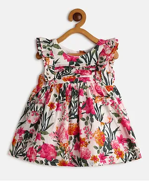 MANET Frill Short Sleeves All Over Floral Print Flared Dress - Beige & Pink
