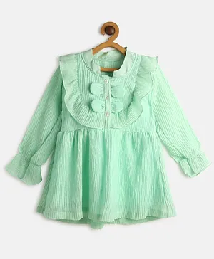 MANET Full Sleeves Crush Pleats Self Design Dress - Green