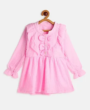 MANET Full Sleeves Crush Pleats Self Design Dress - Pink