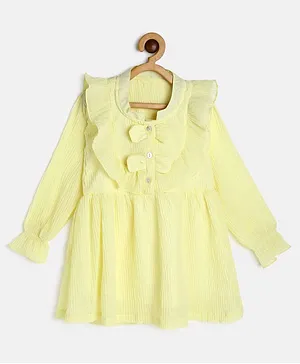 MANET Full Sleeves Crush Pleats Self Design Dress - Yellow
