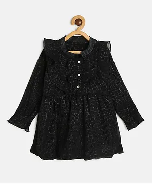 MANET Full Sleeves Animal Print Crush Pleats Self Design Dress - Black