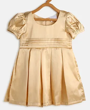 MANET Half Puffed Sleeves Solid Pleated Dress - Gold