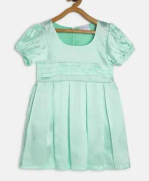 MANET Half Puffed Sleeves Solid Pleated Dress - Green