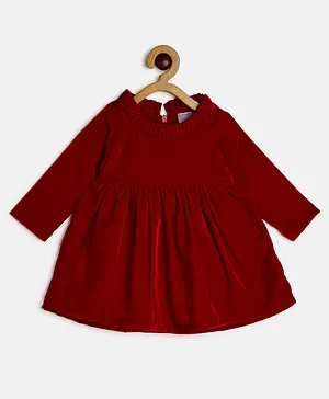 MANET Full Sleeves Ruffle Neck Detail Solid Gathered Velvet Dress - Red