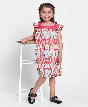 MANET Frill Sleeves Lace Ornamentation Geometric Motif Print Dress - Multicolour