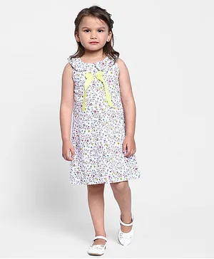 MANET Sleeveless Bow Embellished Leaves And Flowers Printed Dress - White