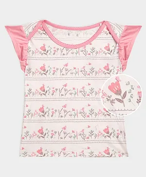Mi Arcus Frill Cap Sleeves All Over Floral Printed Top - Pink