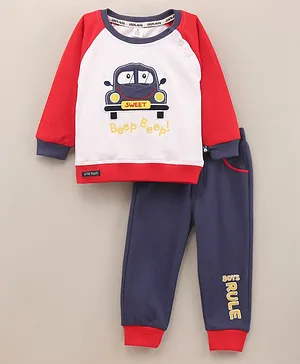 Little Folks Full Sleeves Tee and Pants Set with Text Embroidery & Car Patch - White Blue
