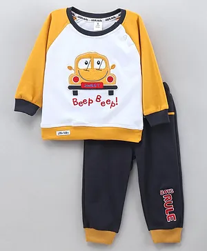 Little Folks Full Sleeves Tee and Pants Set with Text Embroidery & Car Patch - White Yellow & Black