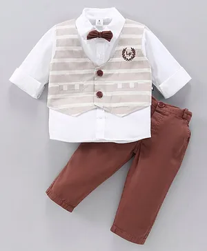 Little Folks Cotton Woven Full Sleeves 3 Pieces Party Suit With Bow - Brown