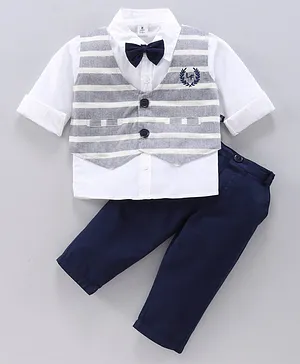 Little Folks Cotton Woven Full Sleeves 3 Pieces Party Suit With Cap & Bow - Blue