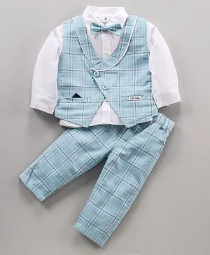 Little Folks Full Sleeves Checked Party Suit - Blue