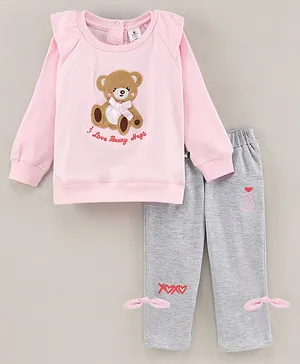 Little Folks Full Sleeves Top & Lounge Pant Embroidered Bear Applique - Pink Melange