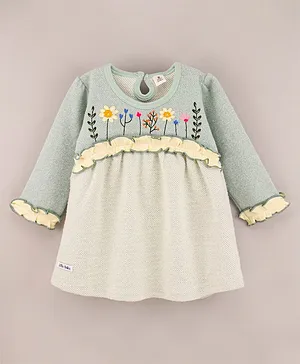 Little Folks Full Sleeves Brushed Fleece A Line Frock with Floral Embroidery - Green