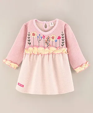 Little Folks Full Sleeves Brushed Fleece A Line Frock with Floral Embroidery - Baby Pink