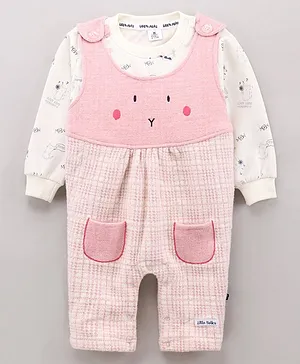 Little Folks Brushed Fleece Dungaree Style Romper Kitty Print - Pink and White