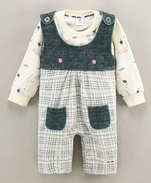 Little Folks Full Sleeves Brushed Fleece Dungaree Style Romper With Inner Tee Kitty Print - Green OffWhite