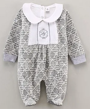 Little Folks Brush Fleece Full Sleeves Romper with Foot Embroidered - Grey