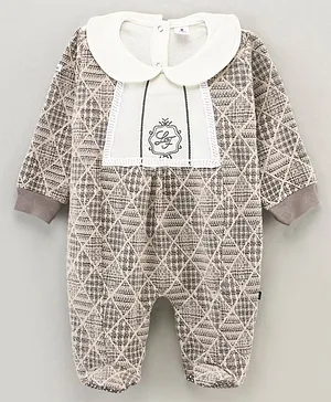 Little Folks Brush Fleece Full Sleeves Collar Neck Romper with Foot Embroidered - Beige