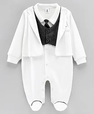 Little Folks Full Sleeves Party Romper With Tie - Offwhite & Black