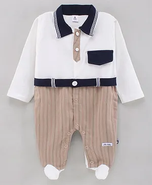 Little Folks Knit To Textile Full Sleeves Romper Stripes Print- Beige White