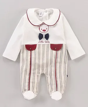 Little Folks Full Sleeves Romper Bear Embroidered - Off White Maroon
