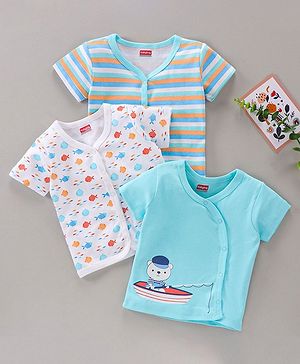 Babyhug 100% Cotton Half Sleeves Printed Vests Pack of 3 - White Blue