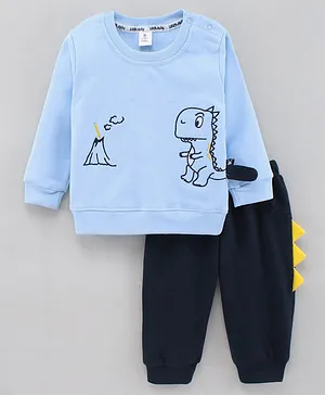 Little Folks Full Sleeves T-Shirt & Joggerpant Set Dino & Volcano Print - Blue