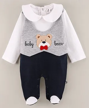Little Folks Cotton Knit Full Sleeves Footed Rompers with Waistcoat Bear Applique - Red