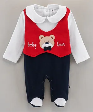 Little Folks Cotton Knit Full Sleeves Footed Rompers with Waistcoat Bear Applique - Red