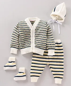 Babyhug Acrylic Full Sleeves Sweater Set Stripes - White