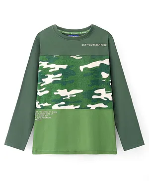 Pine Kids Cotton Knit Full Sleeves Military Print T shirt - Turtle Green