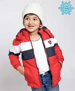 Babyhug Full Sleeves Color Block Hooded Jacket - Red Off White