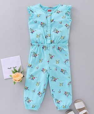 Babyhug 100% Cotton Short Sleeves Floral Printed Jumpsuit - Mint
