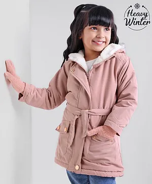Babyoye Cotton Blend Knit Full Sleeves Solid Winter Wear Hooded Jacket - Peach