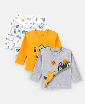 Bonfino Farm Print & Applique Full Sleeve T-Shirts Pack of 3 - Offwhite Grey Yellow